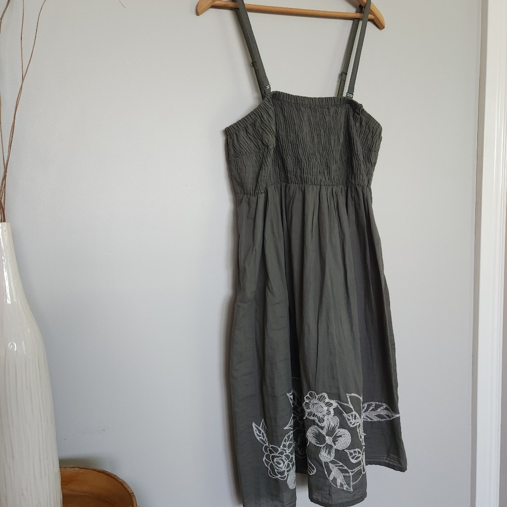 Green Smocked Dress with White Floral Embroidery